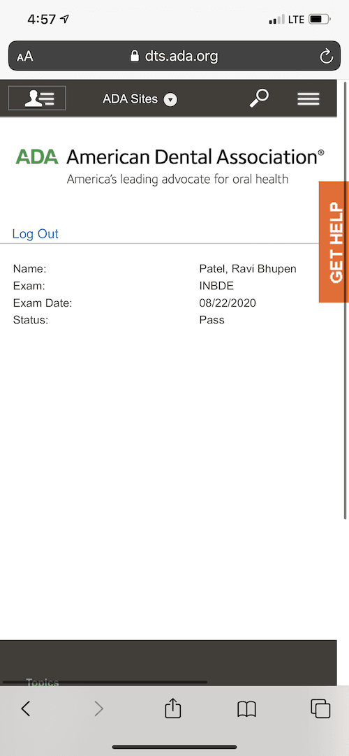 Dr. Ravi Patel Dental Boards Score Report