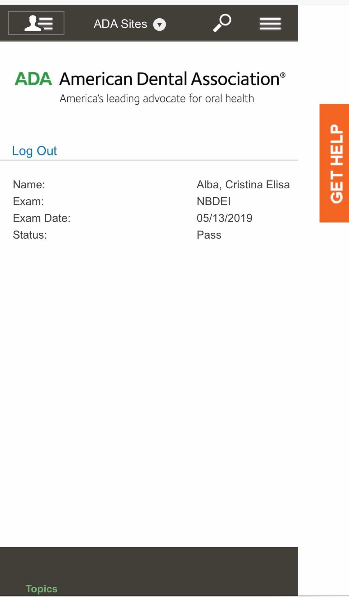 Dr. Cristine Alba Dental Boards Score Report