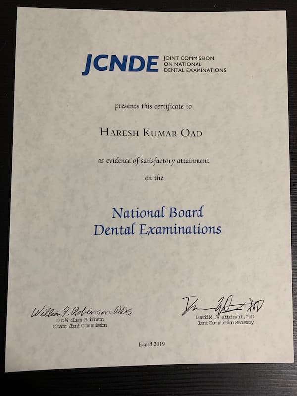Dr. Haresh Oad Dental Boards Score Report