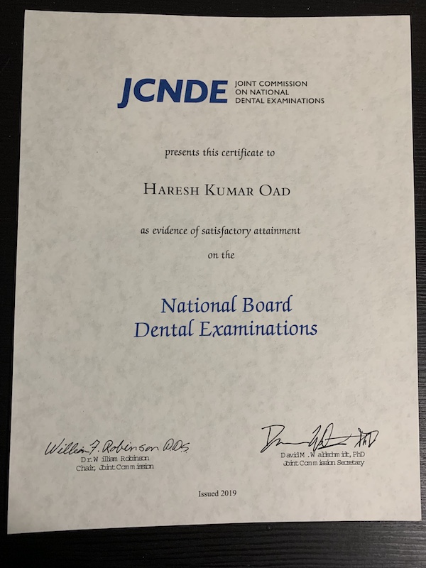 Haresh Oad Dental Boards iNBDE Score Report